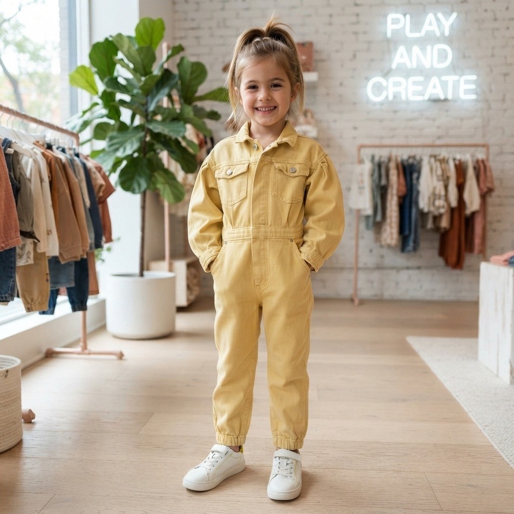 Zara Denim Jumpsuit Kids Size 6 Yellow Excellent Puff Sleeve Utility Boiler Suit